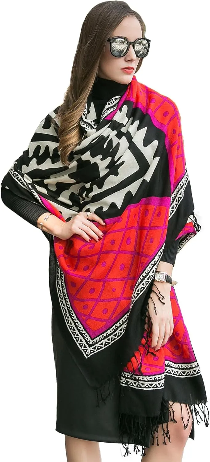 DANA XU 100% Merino Wool Extra Large Pashmina Blanket Travel Scarf Cashmere Wrap for Women Fall Winter Oversize Shawl Floral