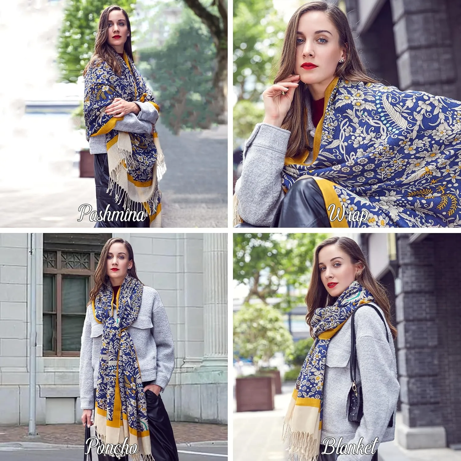 DANA XU 100% Merino Wool Extra Large Pashmina Blanket Travel Scarf Cashmere Wrap for Women Fall Winter Oversize Shawl Floral