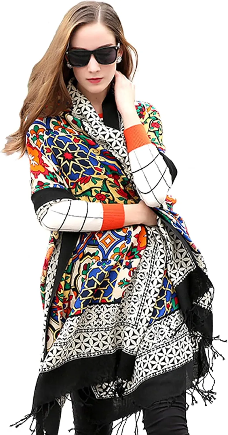 DANA XU 100% Merino Wool Extra Large Pashmina Blanket Travel Scarf Cashmere Wrap for Women Fall Winter Oversize Shawl Floral