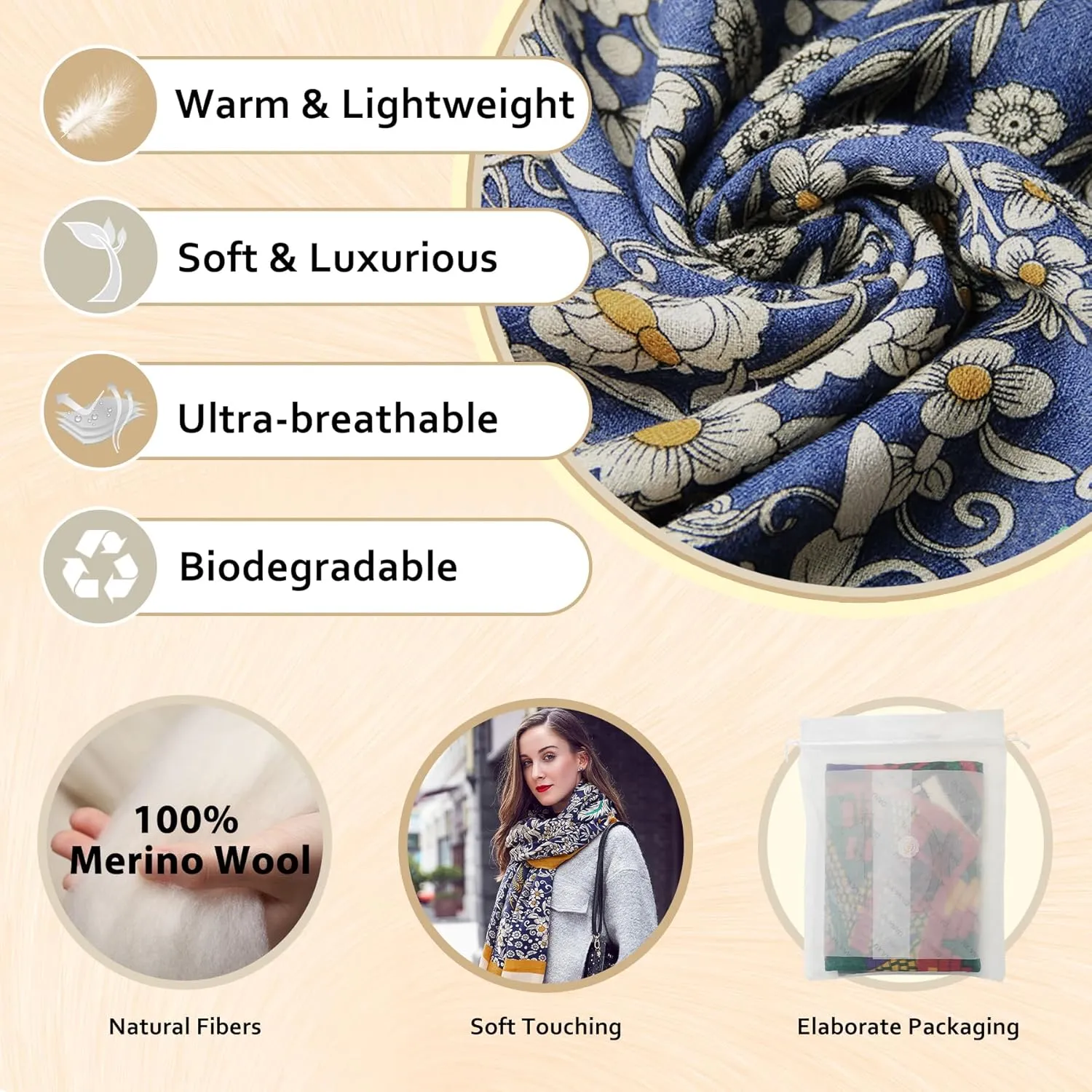 DANA XU 100% Merino Wool Extra Large Pashmina Blanket Travel Scarf Cashmere Wrap for Women Fall Winter Oversize Shawl Floral