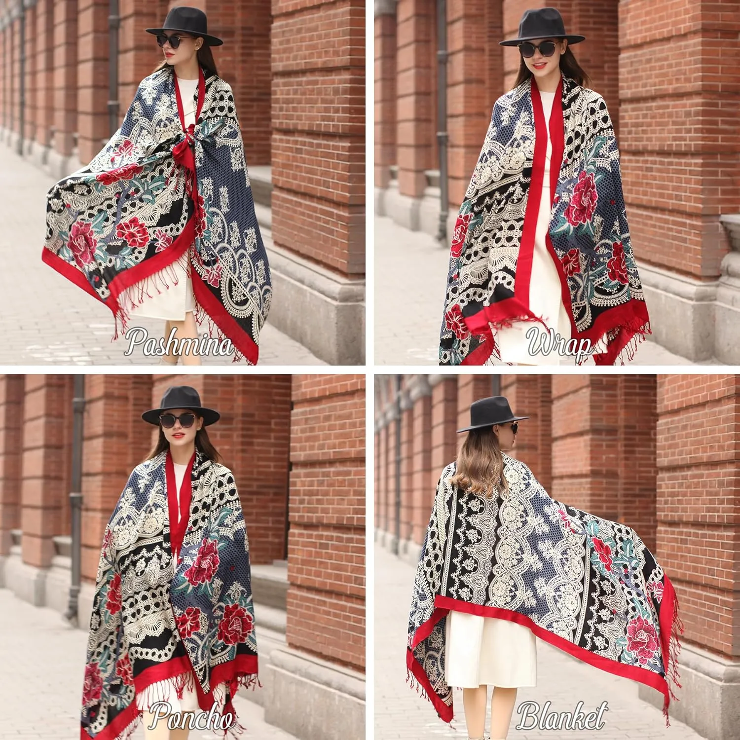 DANA XU 100% Merino Wool Extra Large Pashmina Blanket Travel Scarf Cashmere Wrap for Women Fall Winter Oversize Shawl Floral