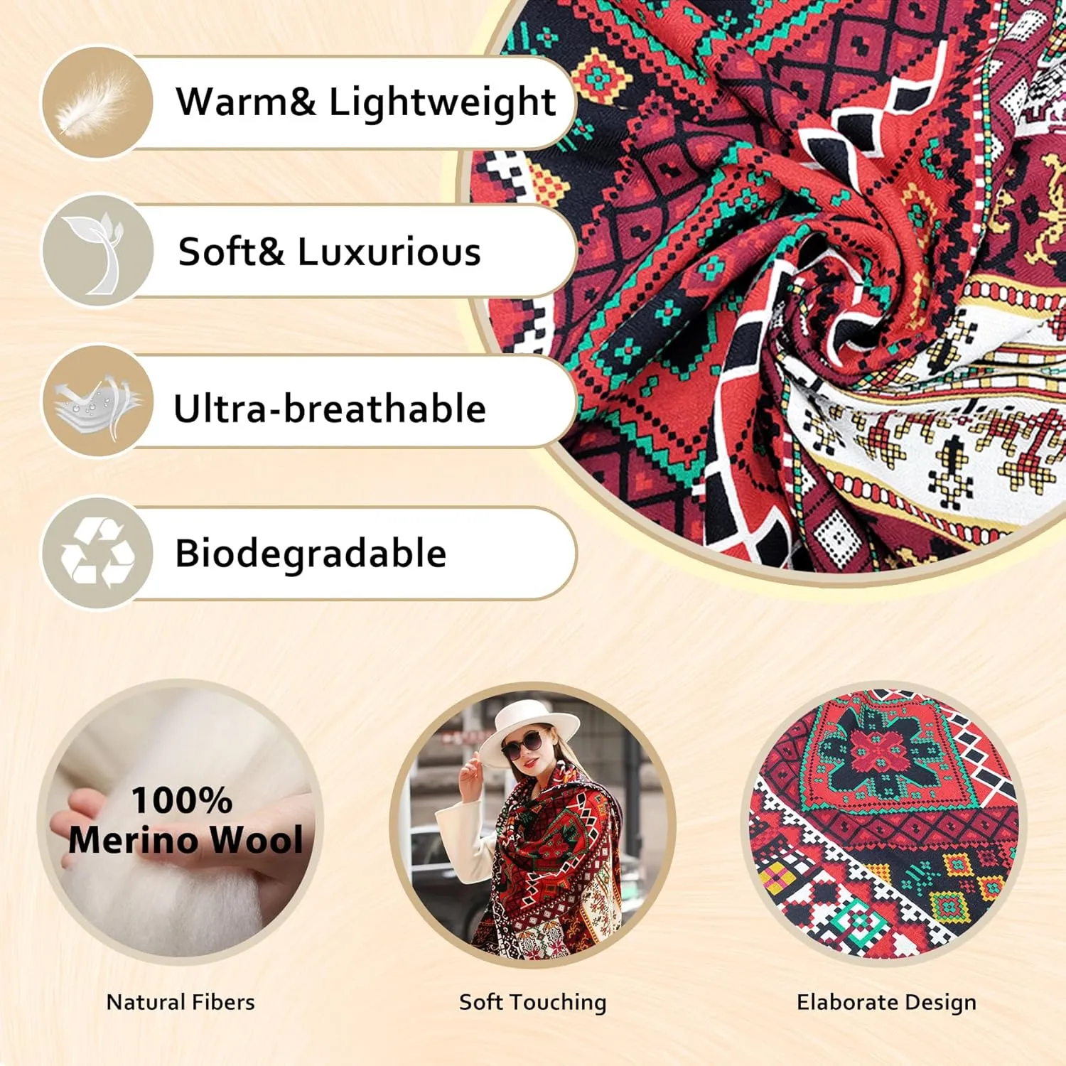 DANA XU 100% Merino Wool Extra Large Pashmina Blanket Travel Scarf Cashmere Wrap for Women Fall Winter Oversize Shawl Floral