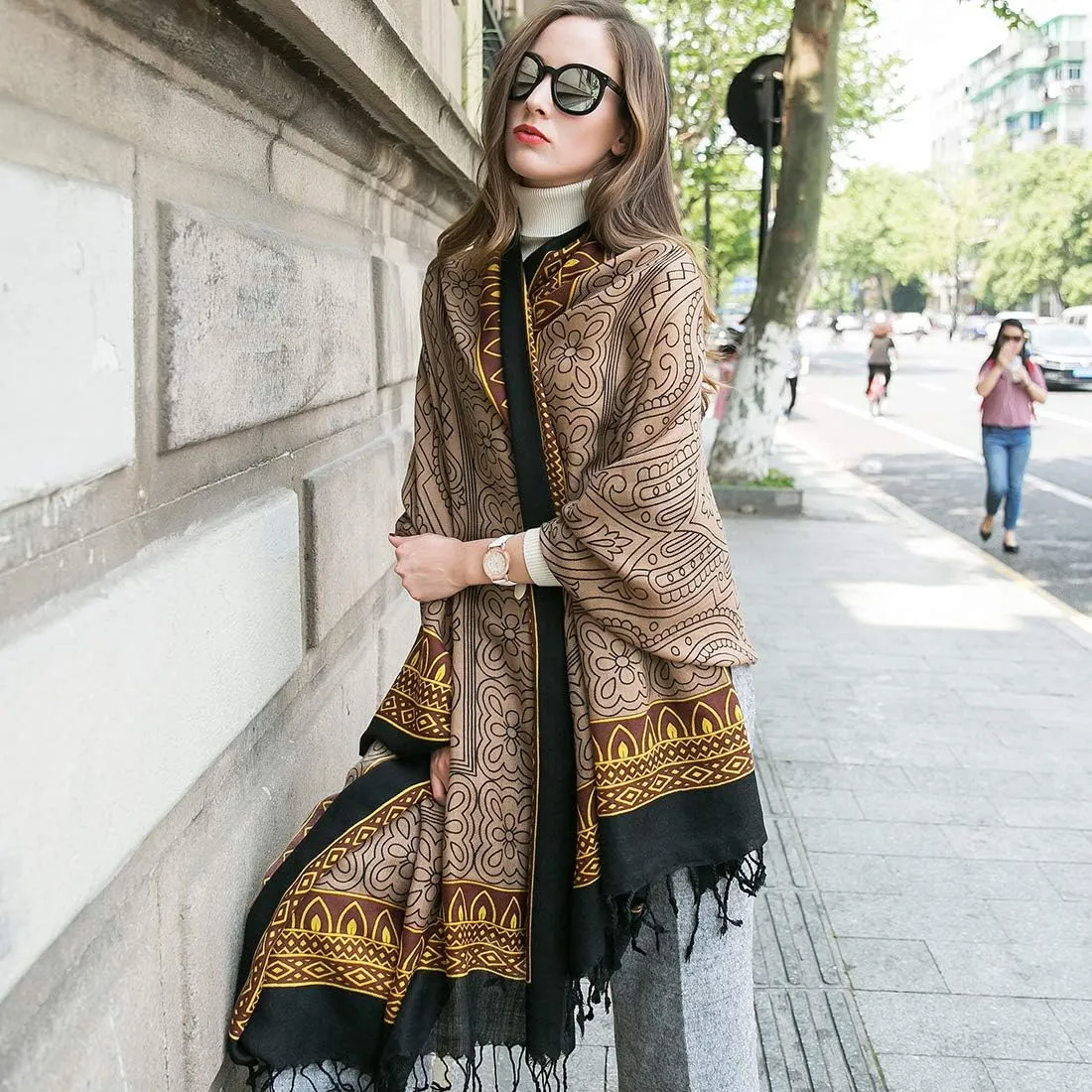 DANA XU 100% Merino Wool Extra Large Pashmina Blanket Travel Scarf Cashmere Wrap for Women Fall Winter Oversize Shawl Floral