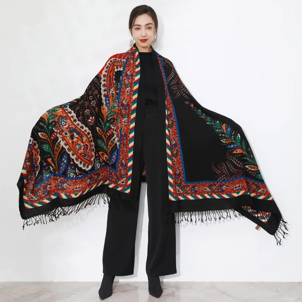 DANA XU 100% Merino Wool Extra Large Pashmina Blanket Travel Scarf Cashmere Wrap for Women Fall Winter Oversize Shawl Floral