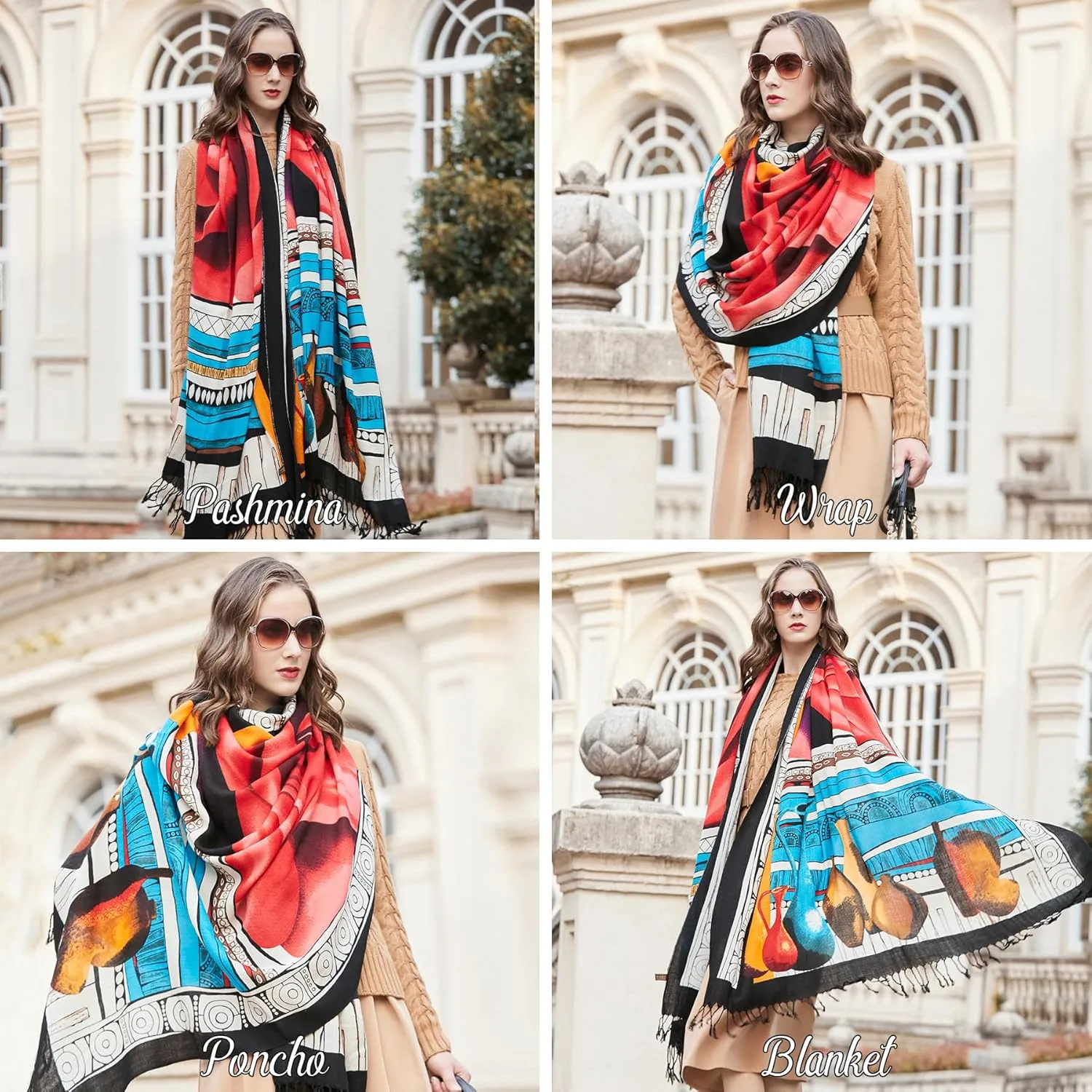 DANA XU 100% Merino Wool Extra Large Pashmina Blanket Travel Scarf Cashmere Wrap for Women Fall Winter Oversize Shawl Floral