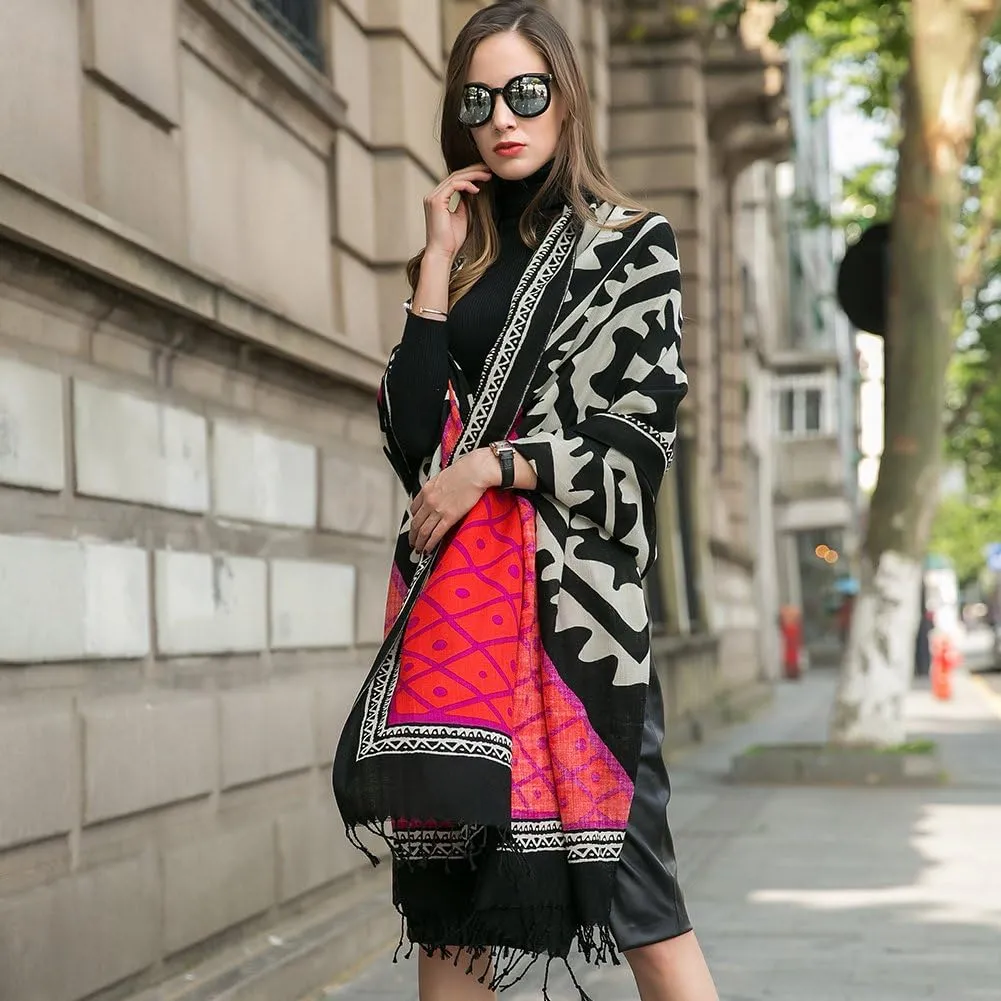 DANA XU 100% Merino Wool Extra Large Pashmina Blanket Travel Scarf Cashmere Wrap for Women Fall Winter Oversize Shawl Floral