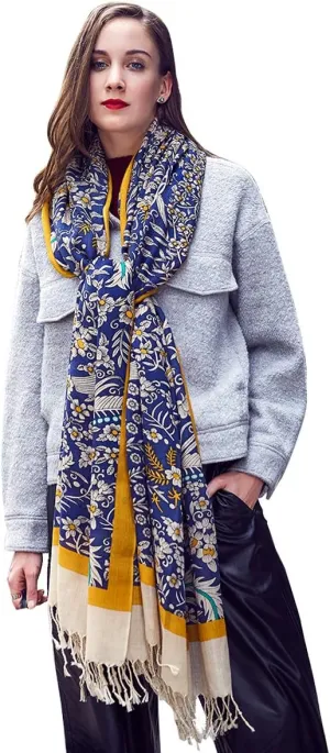 DANA XU 100% Merino Wool Extra Large Pashmina Blanket Travel Scarf Cashmere Wrap for Women Fall Winter Oversize Shawl Floral