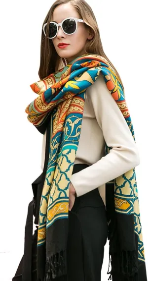 DANA XU 100% Merino Wool Extra Large Pashmina Blanket Travel Scarf Cashmere Wrap for Women Fall Winter Oversize Shawl Floral