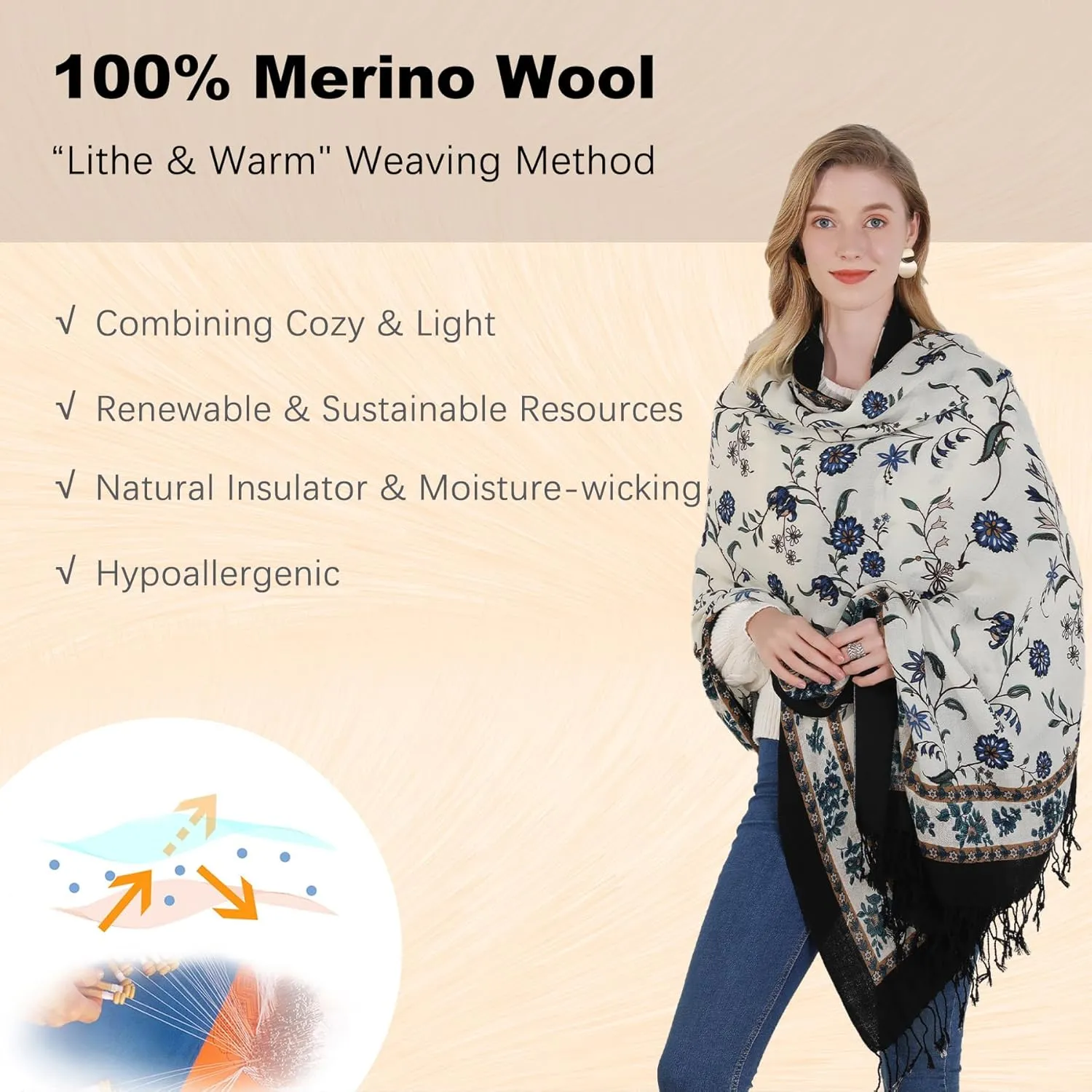 DANA XU 100% Merino Wool Extra Large Pashmina Blanket Travel Scarf Cashmere Wrap for Women Fall Winter Oversize Shawl Floral