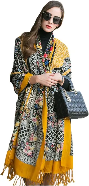 DANA XU 100% Merino Wool Extra Large Pashmina Blanket Travel Scarf Cashmere Wrap for Women Fall Winter Oversize Shawl Floral