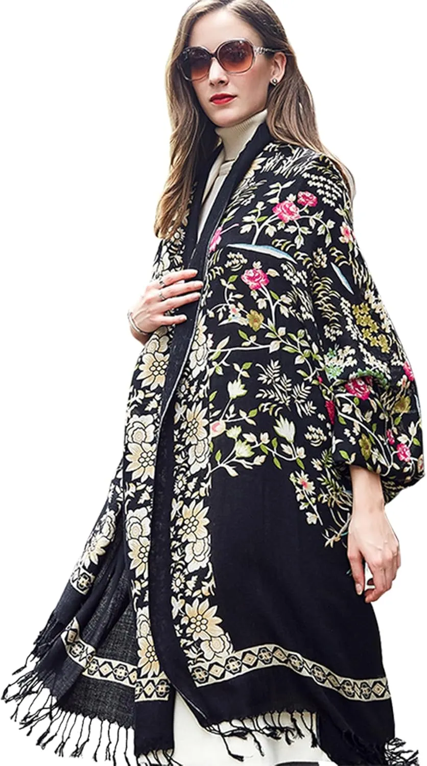 DANA XU 100% Merino Wool Extra Large Pashmina Blanket Travel Scarf Cashmere Wrap for Women Fall Winter Oversize Shawl Floral