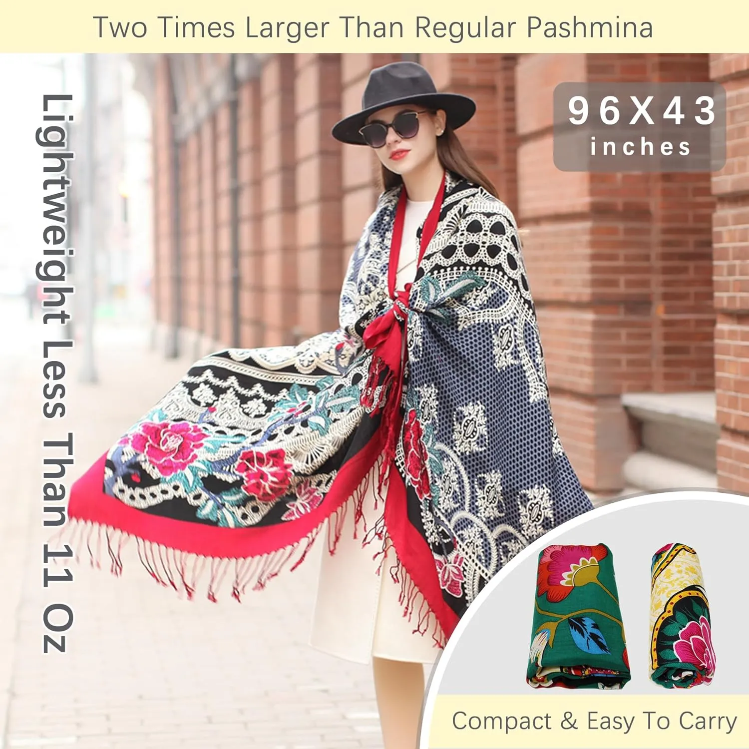 DANA XU 100% Merino Wool Extra Large Pashmina Blanket Travel Scarf Cashmere Wrap for Women Fall Winter Oversize Shawl Floral