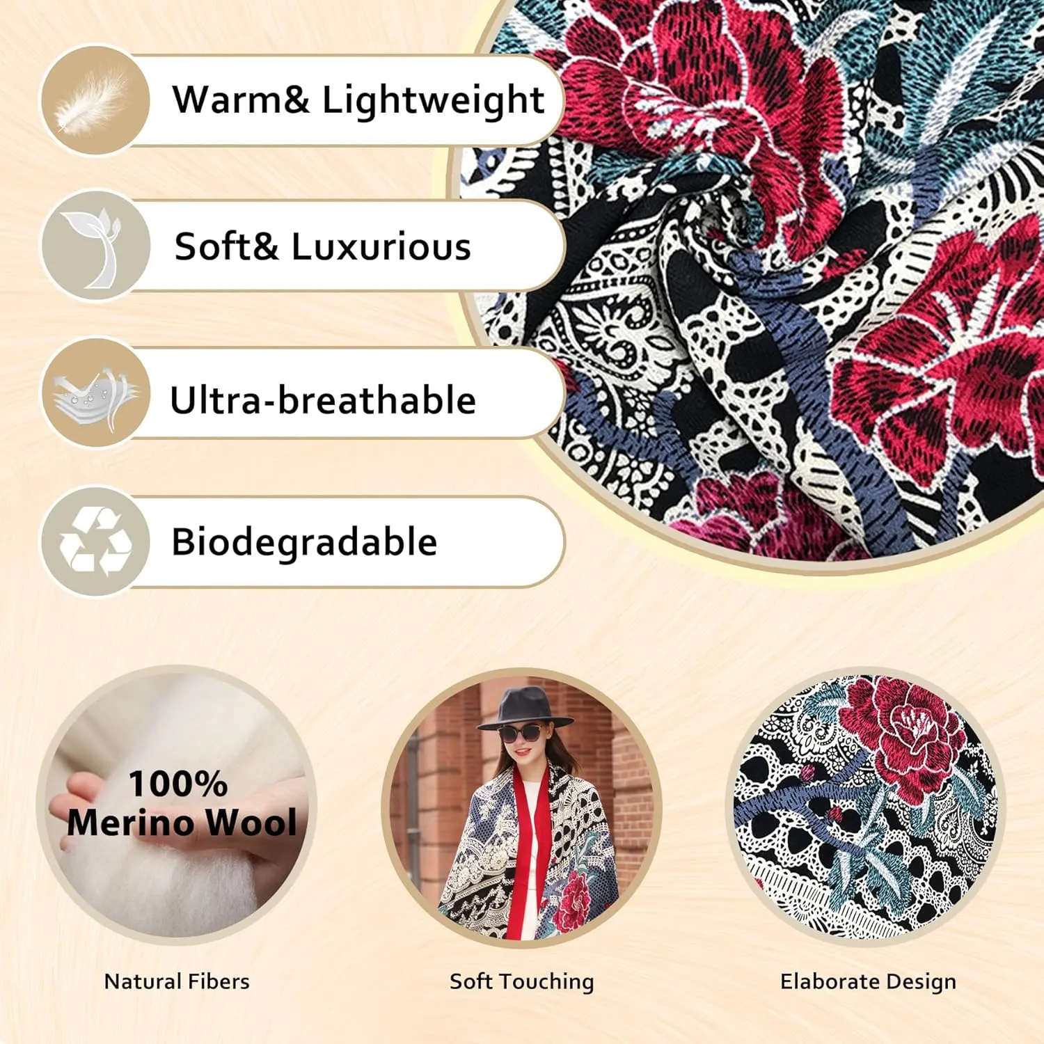 DANA XU 100% Merino Wool Extra Large Pashmina Blanket Travel Scarf Cashmere Wrap for Women Fall Winter Oversize Shawl Floral