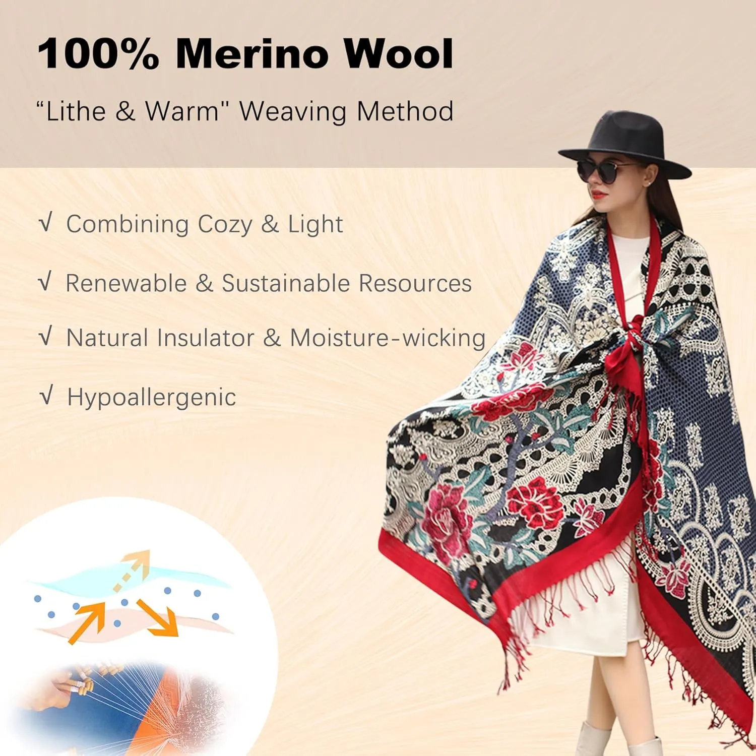 DANA XU 100% Merino Wool Extra Large Pashmina Blanket Travel Scarf Cashmere Wrap for Women Fall Winter Oversize Shawl Floral