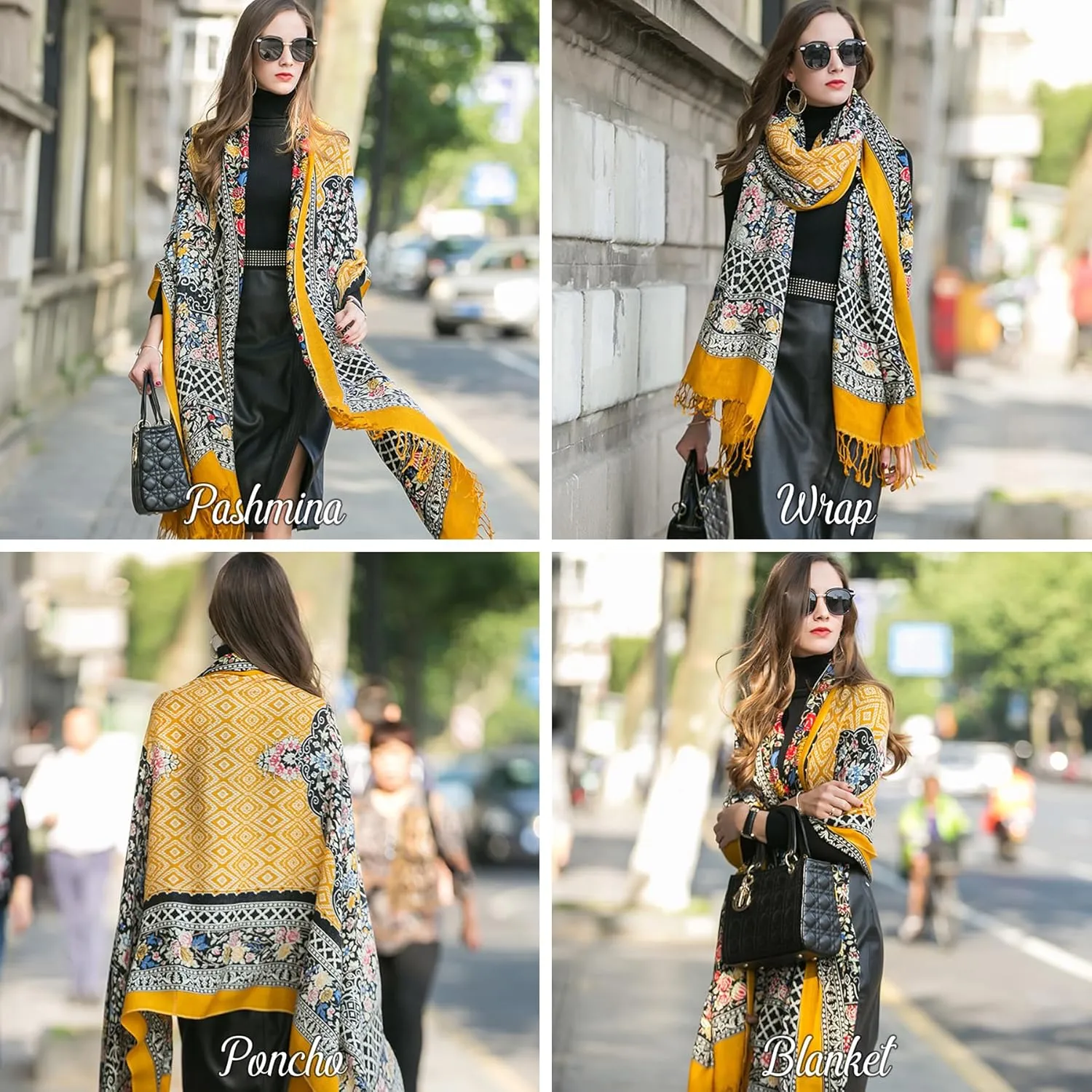 DANA XU 100% Merino Wool Extra Large Pashmina Blanket Travel Scarf Cashmere Wrap for Women Fall Winter Oversize Shawl Floral