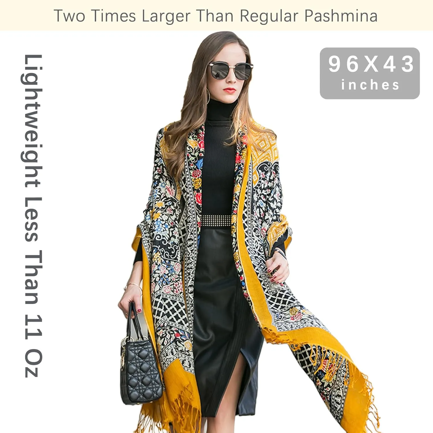 DANA XU 100% Merino Wool Extra Large Pashmina Blanket Travel Scarf Cashmere Wrap for Women Fall Winter Oversize Shawl Floral