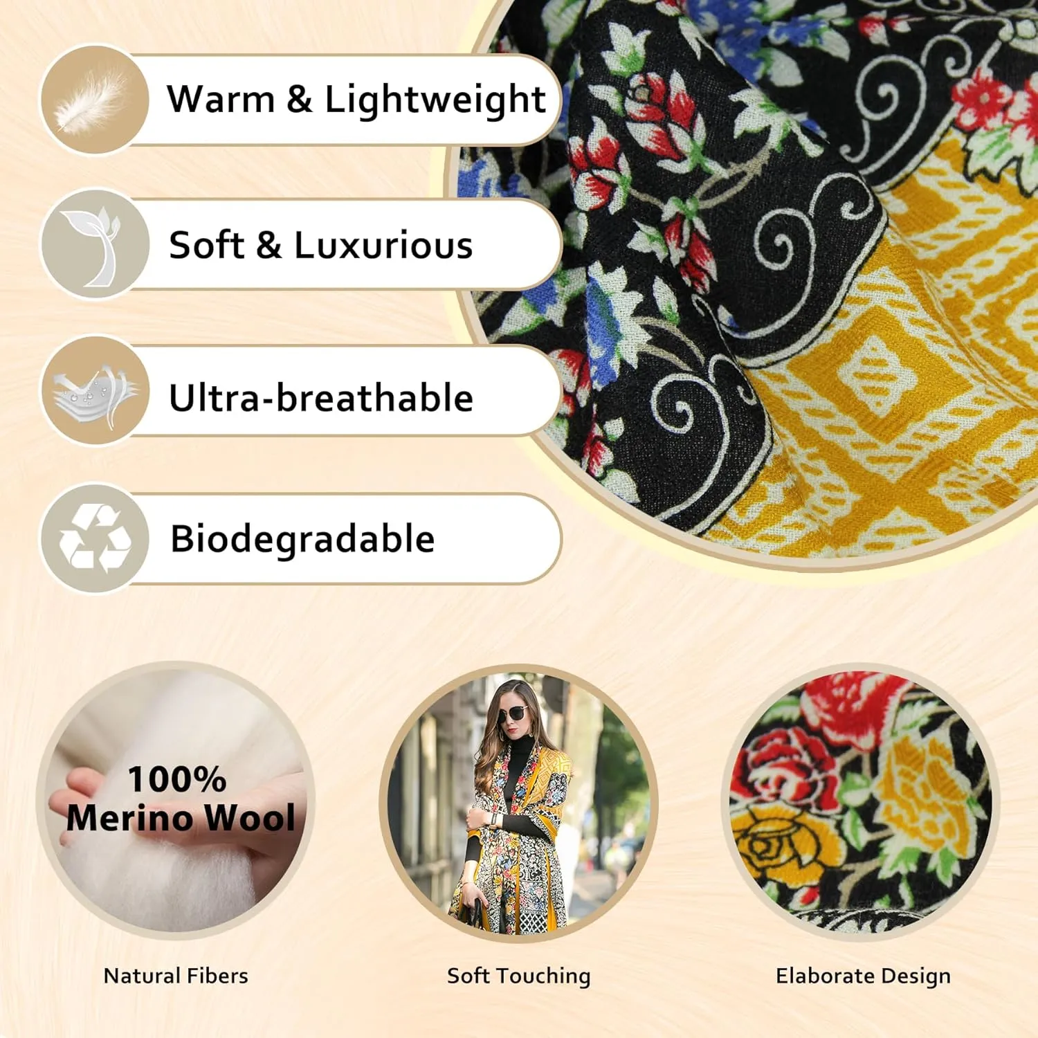 DANA XU 100% Merino Wool Extra Large Pashmina Blanket Travel Scarf Cashmere Wrap for Women Fall Winter Oversize Shawl Floral