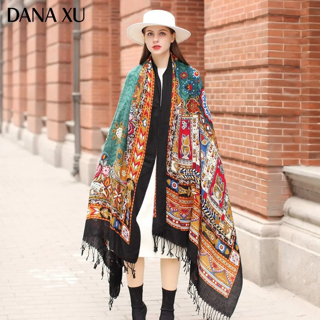 DANA XU Luxury 100% Pure Wool Oversized Extra Large Warm Floral Cashmere Pashmina Scarf Shawl And Wrap For Women Blanket Cape