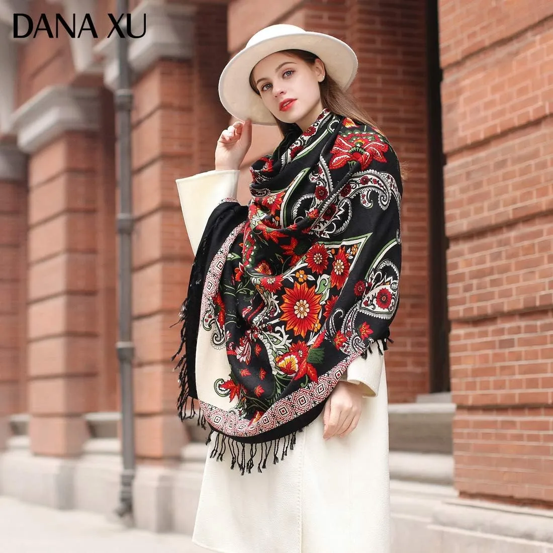 DANA XU Luxury 100% Pure Wool Oversized Extra Large Warm Floral Cashmere Pashmina Scarf Shawl And Wrap For Women Blanket Cape