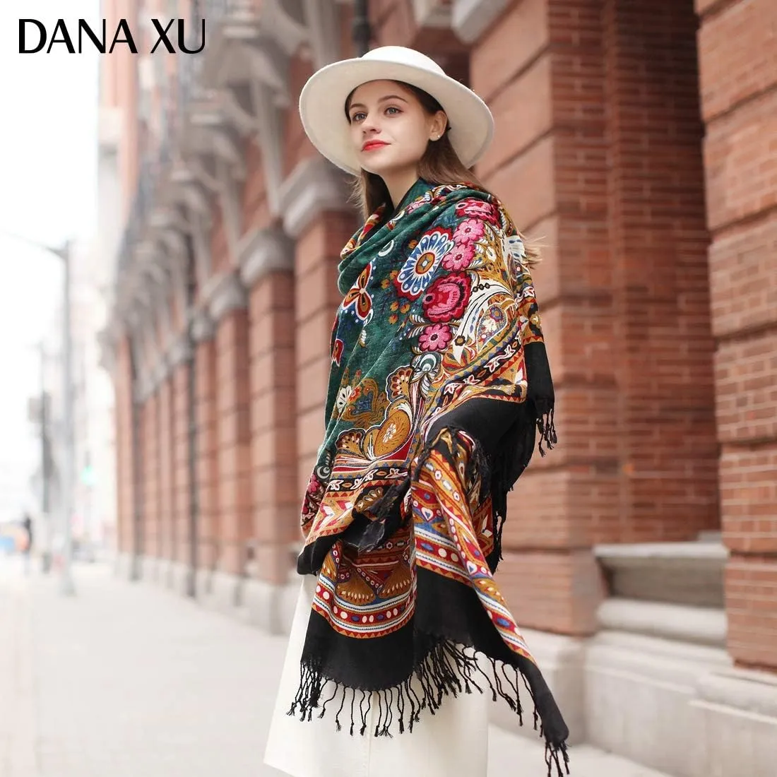 DANA XU Luxury 100% Pure Wool Oversized Extra Large Warm Floral Cashmere Pashmina Scarf Shawl And Wrap For Women Blanket Cape
