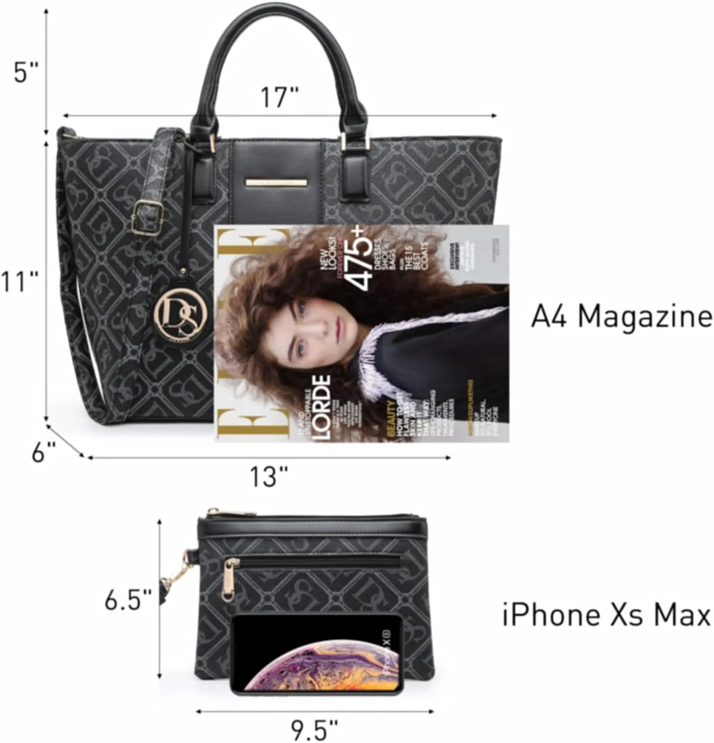 Dasein Women Satchel Purse Handbag Shoulder Bag Work Tote Bag with Matching Clutch