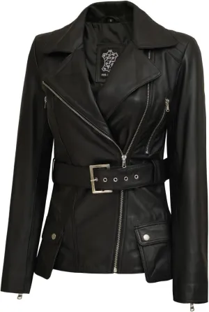 Decrum Asymmetrical Womens Leather Jacket - Belted Style Real Lambskin Leather Jackets For Women