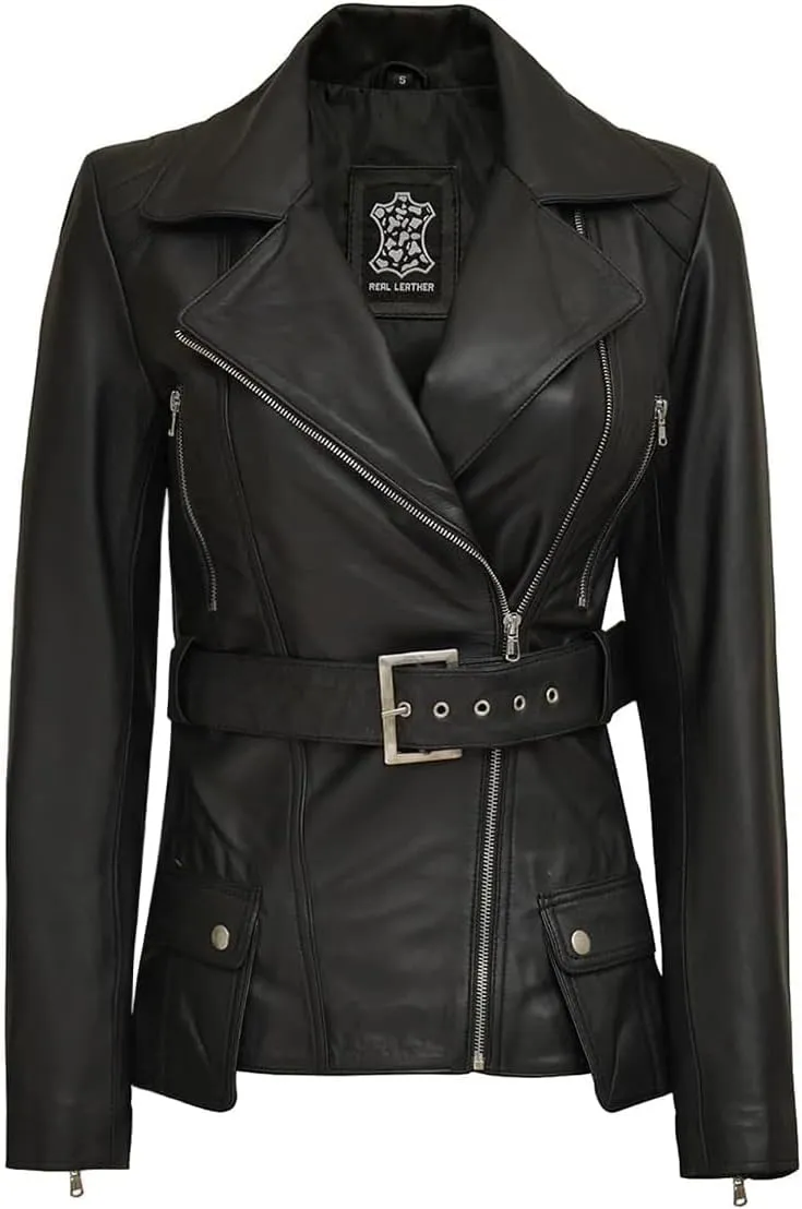 Decrum Asymmetrical Womens Leather Jacket - Belted Style Real Lambskin Leather Jackets For Women