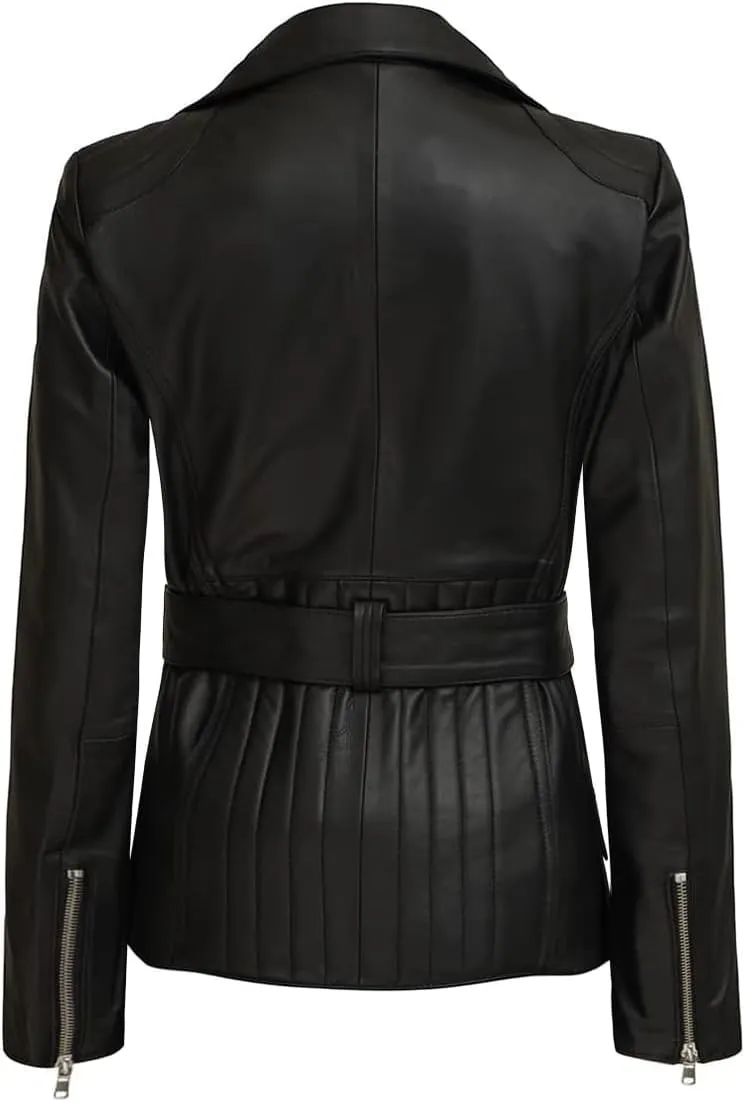 Decrum Asymmetrical Womens Leather Jacket - Belted Style Real Lambskin Leather Jackets For Women