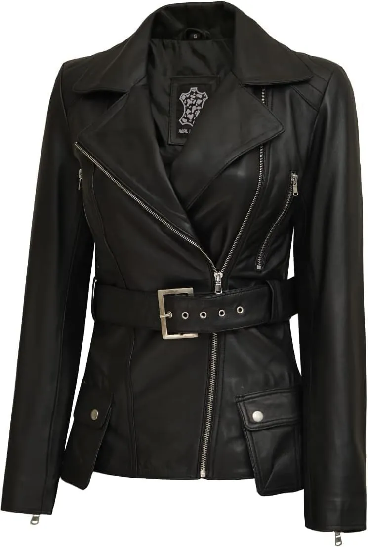 Decrum Asymmetrical Womens Leather Jacket - Belted Style Real Lambskin Leather Jackets For Women