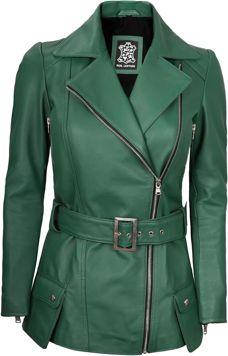 Decrum Asymmetrical Womens Leather Jacket - Belted Style Real Lambskin Leather Jackets For Women