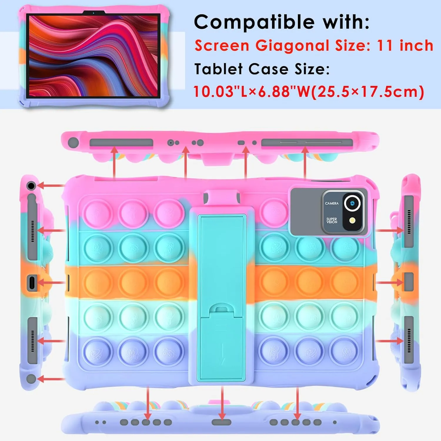 DETUOSI 11 inch Tablet Case Compatible with COLORROOM Android 14, AOCWEI X800, with Shoulder Strap and Stylus Pen, Multi-Angle Protective Cover for TECLAST P50, Xgody Q16, Dazzling Pink