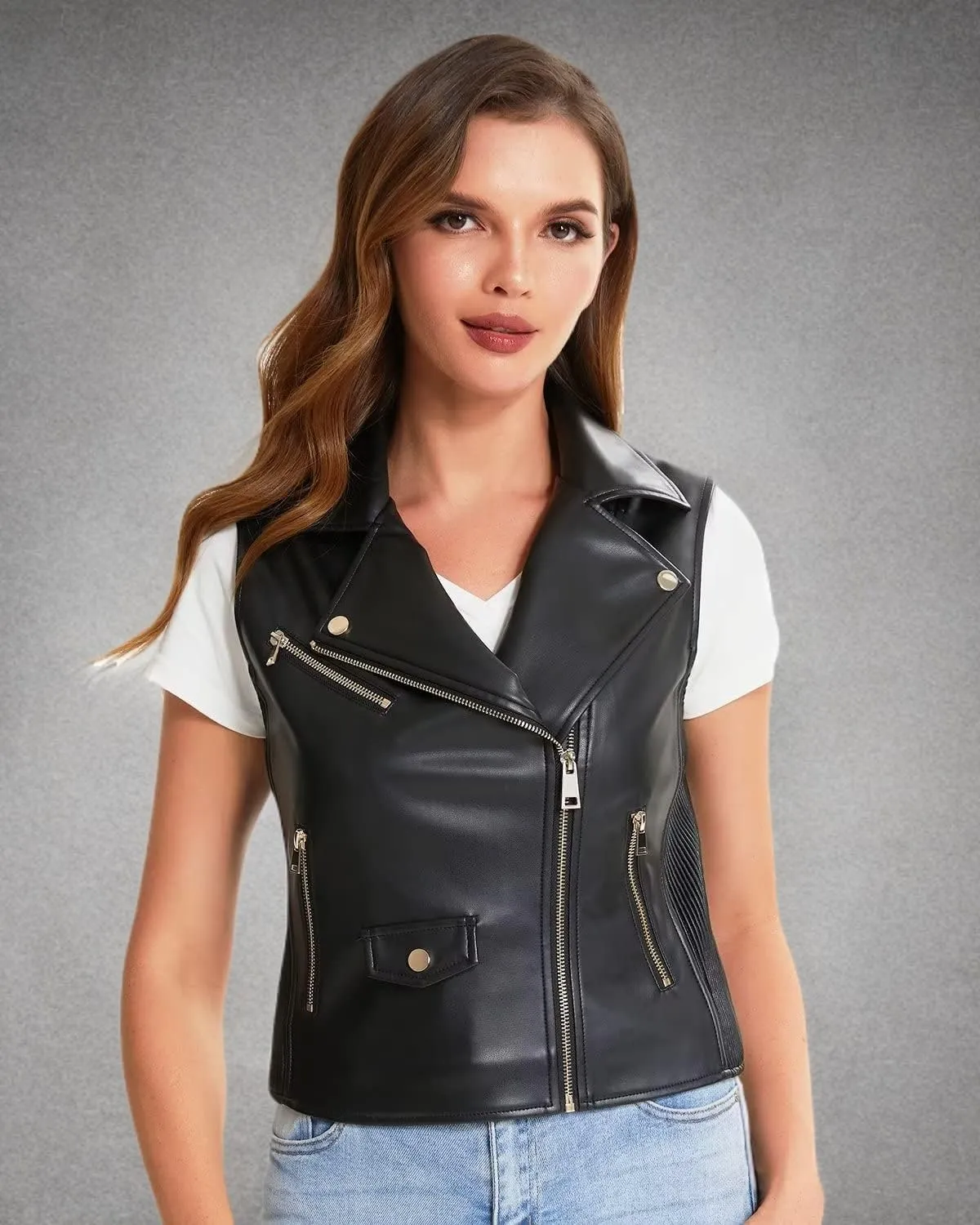 DIASHINY Faux Leather Vest For Women Zipper Lapel Sleeveless Biker Moto Slim PU Motorcycle Waistcoat