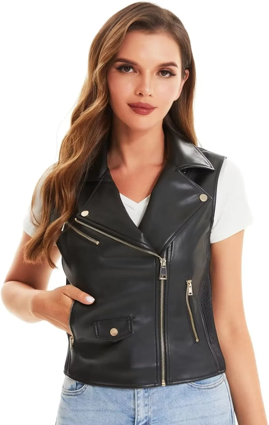DIASHINY Faux Leather Vest For Women Zipper Lapel Sleeveless Biker Moto Slim PU Motorcycle Waistcoat