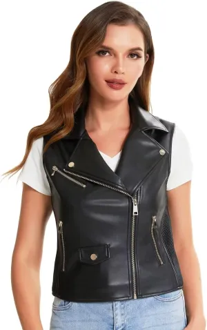 DIASHINY Faux Leather Vest For Women Zipper Lapel Sleeveless Biker Moto Slim PU Motorcycle Waistcoat