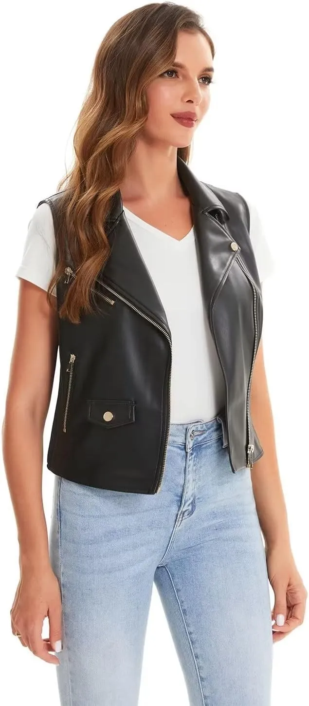 DIASHINY Faux Leather Vest For Women Zipper Lapel Sleeveless Biker Moto Slim PU Motorcycle Waistcoat