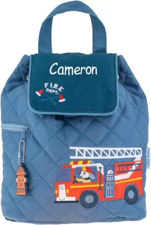 DIBSIES Personalized Quilted Backpack for Kindergarten, Pre-School, and Daycare (Fire Truck - Blue)