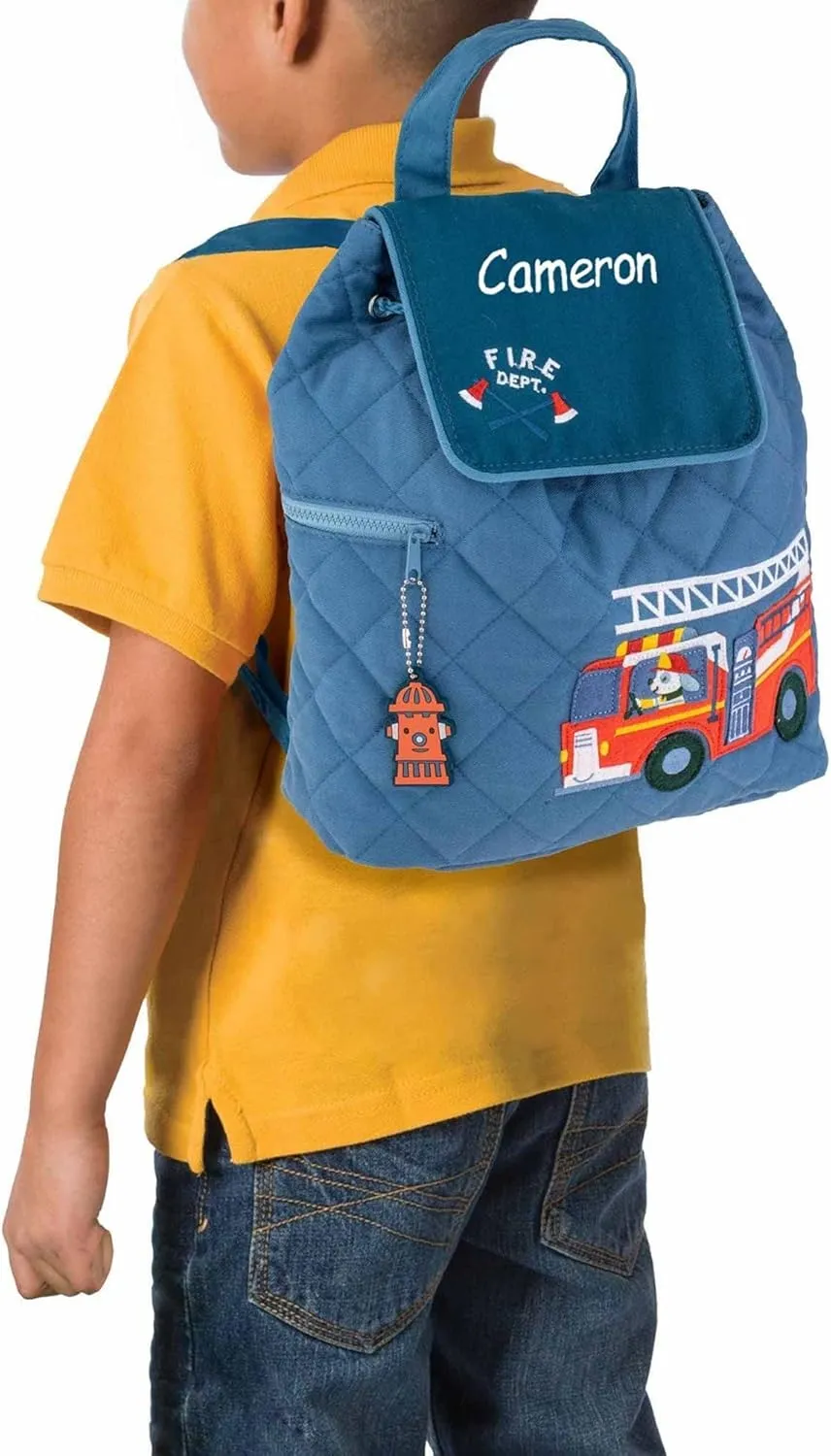 DIBSIES Personalized Quilted Backpack for Kindergarten, Pre-School, and Daycare (Fire Truck - Blue)
