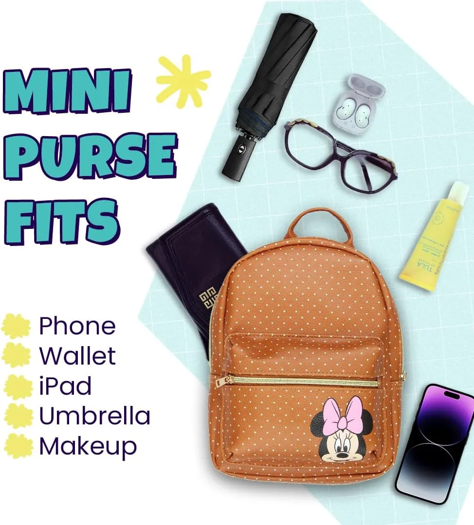 Disney Minnie Mouse with Polka Dots Mini PU Leather Backpack Purse with Adjustable Straps 10 Inch (Brown, One Size)