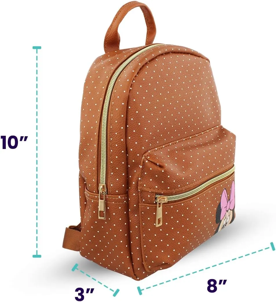 Disney Minnie Mouse with Polka Dots Mini PU Leather Backpack Purse with Adjustable Straps 10 Inch (Brown, One Size)