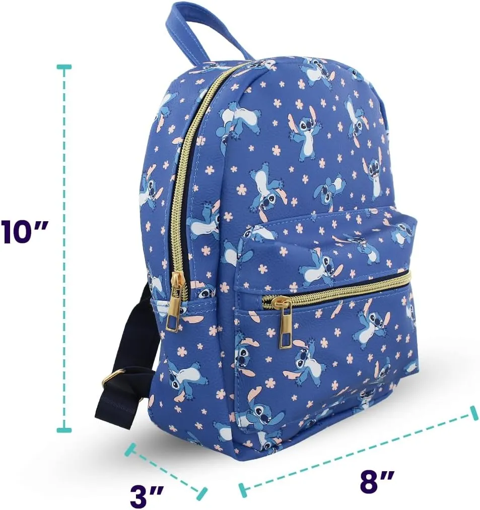 Disney Stitch with Flowers Mini PU Leather Backpack Purse with Adjustable Straps 10 In