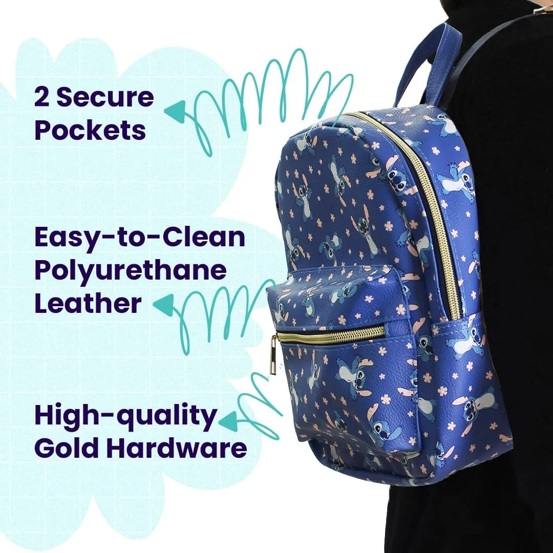 Disney Stitch with Flowers Mini PU Leather Backpack Purse with Adjustable Straps 10 In