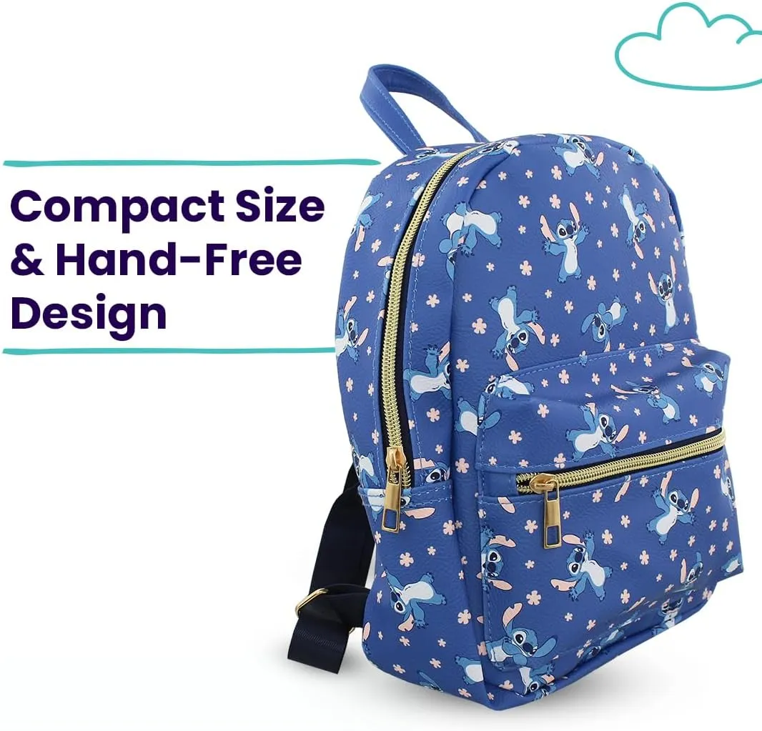 Disney Stitch with Flowers Mini PU Leather Backpack Purse with Adjustable Straps 10 In