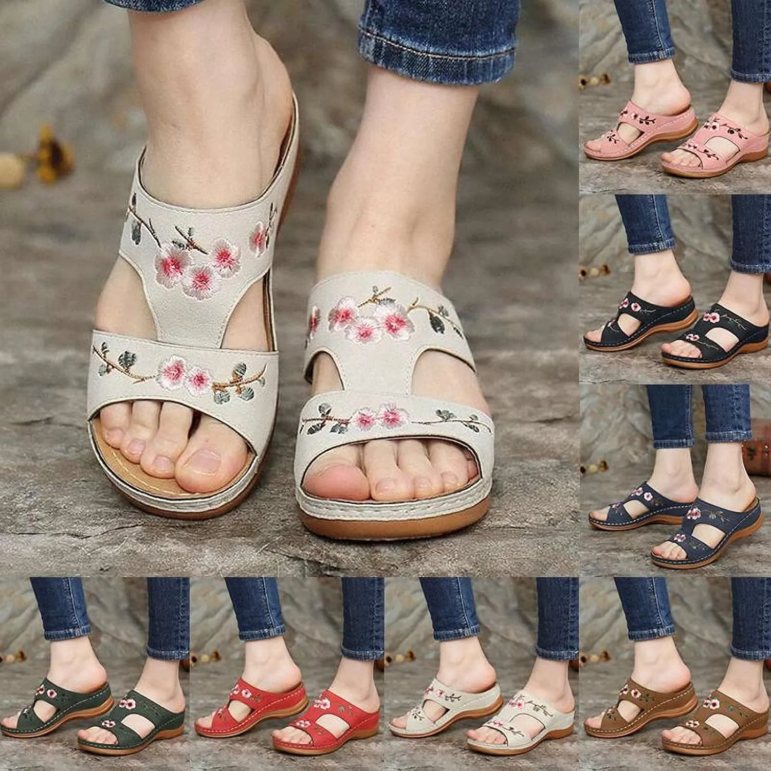 DOIX Summer Mules Shoes Wedge Open Toe Slide Slippers Womens Faux Leather Flower Embroidered Sandals Casual Platform Sandals Garden Beach Shoes