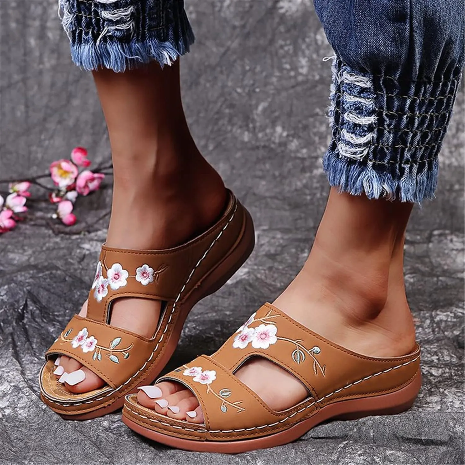 DOIX Summer Mules Shoes Wedge Open Toe Slide Slippers Womens Faux Leather Flower Embroidered Sandals Casual Platform Sandals Garden Beach Shoes