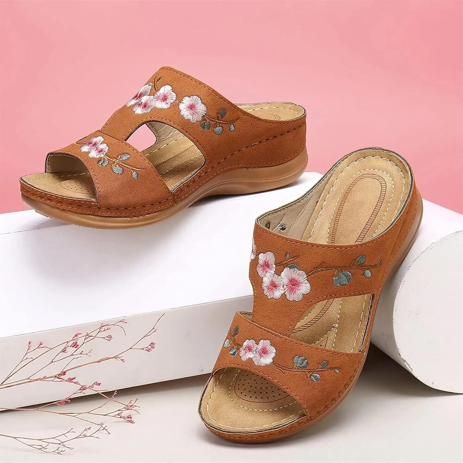 DOIX Summer Mules Shoes Wedge Open Toe Slide Slippers Womens Faux Leather Flower Embroidered Sandals Casual Platform Sandals Garden Beach Shoes