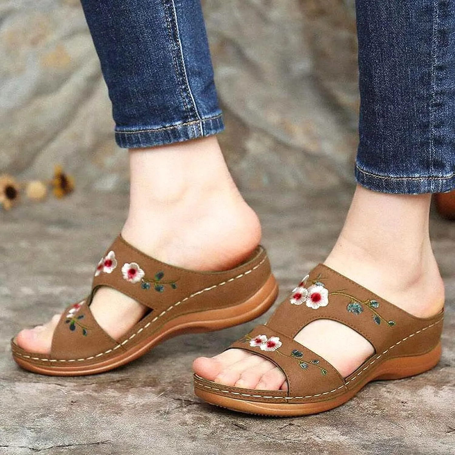 DOIX Summer Mules Shoes Wedge Open Toe Slide Slippers Womens Faux Leather Flower Embroidered Sandals Casual Platform Sandals Garden Beach Shoes