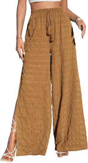 Dokotoo Casual Wide Leg Pants for Women Elastic High Waist Tie Drawstring Side Split Pants