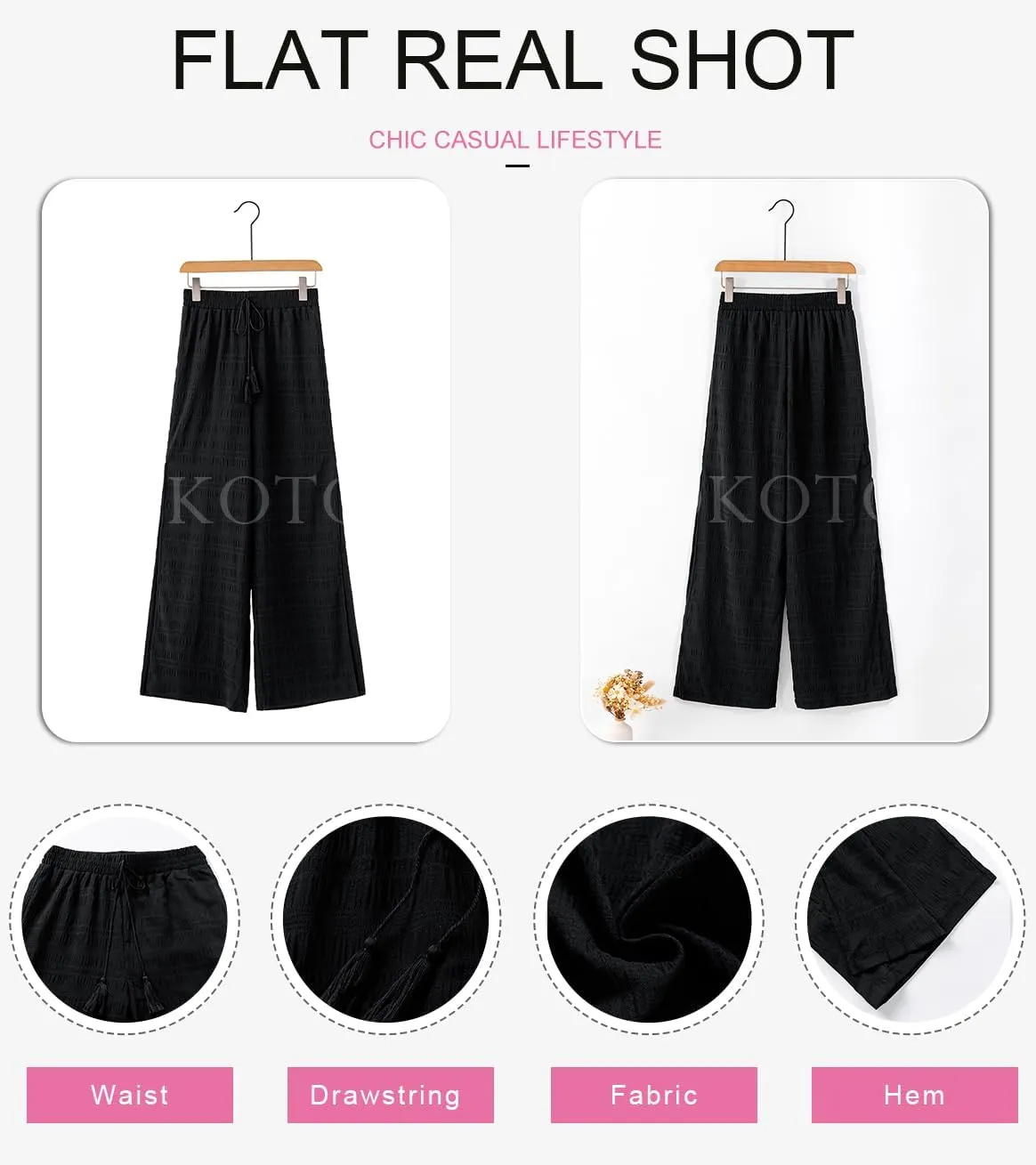 Dokotoo Casual Wide Leg Pants for Women Elastic High Waist Tie Drawstring Side Split Pants