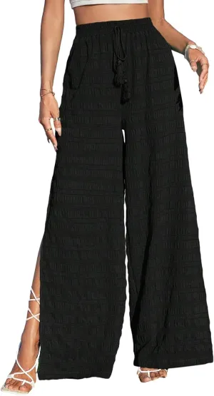 Dokotoo Casual Wide Leg Pants for Women Elastic High Waist Tie Drawstring Side Split Pants