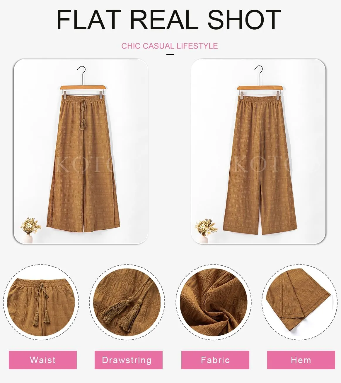Dokotoo Casual Wide Leg Pants for Women Elastic High Waist Tie Drawstring Side Split Pants